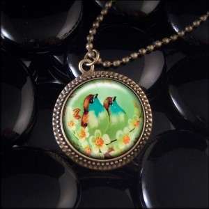 Vintage Blue Song Bird Victorian Love Bird Antique Bronze Necklace 505 
