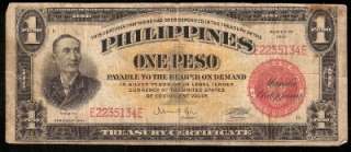 1941 US Philippines 1 Peso Treasury Certificate Note RED seal P# 89 