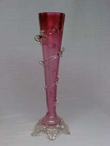Antique Cranberry Rubina Art Glass Vase Applied Clear Spiral Pinched 