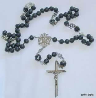 ANTIQUE JET & STERLING SILVER LARGE ROSARY. FOUR NAILS CRUCIFIX 
