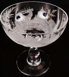 Antique 19C. Moser Bohemian Intaglio Cut Glass Deer & Birds Stemware 