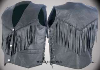 Black Leather Womens Vest with Fringe Ladies Motorcycle  