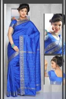 Enchanting Blue Art Silk Saree Sari fabric India Golden Border