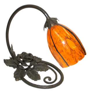 French Art Deco Wrought Iron Lamp Schneider Glass Shade  
