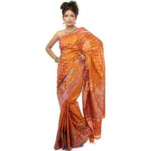 Burnt Orange Wedding Sari from Banaras with All Over Meenakari Weave 