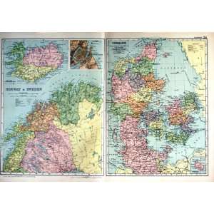  1910 Map Denmark Norway Sweden Copenhagen Iceland