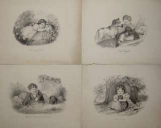 Set of 4 Antique Victorian Nursery Art Lithograph Prints Children Cat 