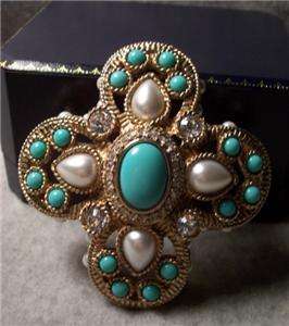 KARINA BACI Faux Pearl Turquoise Crystal Brooch/Pin  