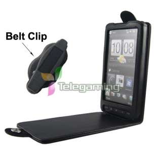 BLACK LEATHER TOP FLIP POUCH Belt Clip CASE COVER For HTC HD2  