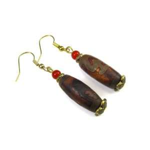 Tibetan Tube Shape Stone Dzi Beads, Accented with Red China Jade Beads