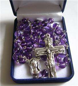 NATURAL AMETHYST BEADS ROSE ROSARY & CROSS NECKLACE  