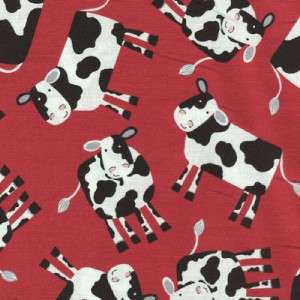 BLACK & WHITE CARTOON COWS ON RED Cotton Quilt Fabric  