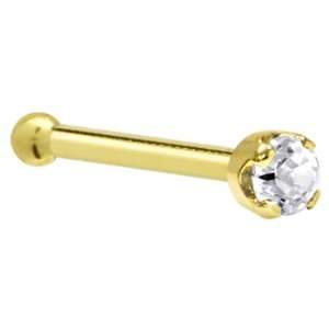 Solid 14KT Yellow Gold 2mm Clear Cubic Zirconia Nose Bone   20 Gauge