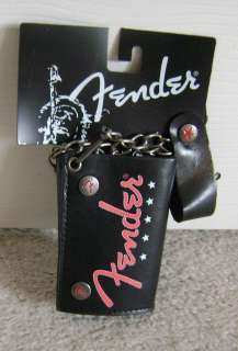 FENDER Tri Fold Black Leather Wallet w/ Chain & Snap NEW  