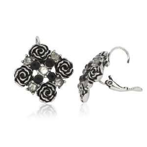   Silver Diamond Black Quarts & CZ Charm Folded Hoop Earrings Jewellery