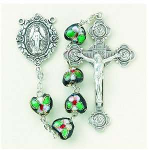  8mm Cloisonne Black Heart Rosary w/Crucifix & Center 