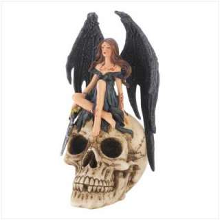 Gothic Angel Fairy Sitting on Skull Figurine Statue  