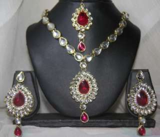 GORGEOUS Magenta Indian Kundan Bollywood Bridal Necklace Earring Set 