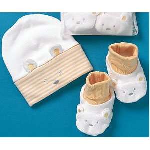   Baby Boy or Girl, Cap and Sock Set, White and Yellow Teddy Bear: Baby