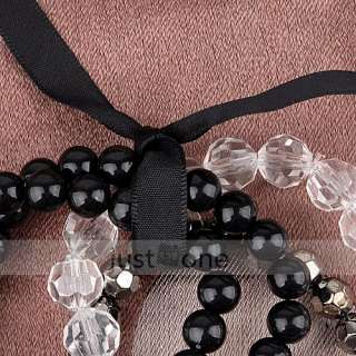 Fashion Women Ladies Black Bowknot Heart Pendant Elastic Beaded Bangle 