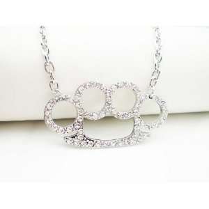  SILVER CRYSTAL BRASS KNUCKLE KNUCKLES DUSTER NECKLACE 