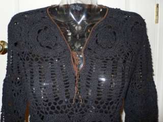 Takeout Black Cotton Crochet Open Weave L/S Sweater Top L  
