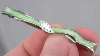   STERLING Silver Green Guilloche ENAMEL Ribbon Design BAR PIN Signed SW