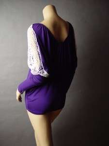 Bold Purple Draping Batwing Long Slv Boho Crochet Applique Shoulder 