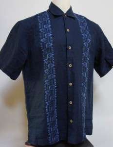 TOMMY BAHAMA 100% Linen Navy Blue Awesome Embroidered Mens Camp Shirt 