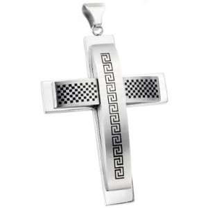  Round Christian Cross Greek Key Designed Pendant Necklace 