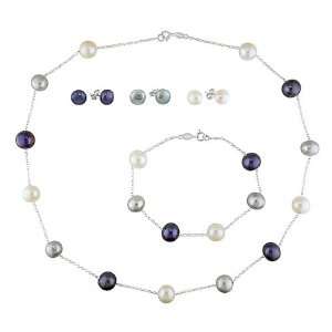 Sterling Silver Fresh Water Multi Color Pearl Necklace Bracelet and 3 