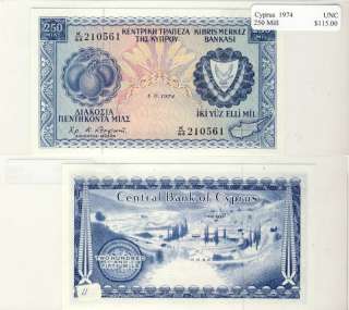 1974 250 Mill banknote from Cyprus in UNC condition.  