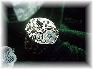 Steampunk silver watch adjustable bronze ring gift box  