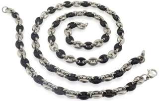 Mens Stainless Steel Polish Black Silver Tone Bracelet Necklace Set 