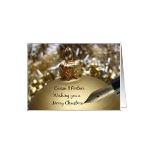 cousin & partner christmas message on golden ornament Card 