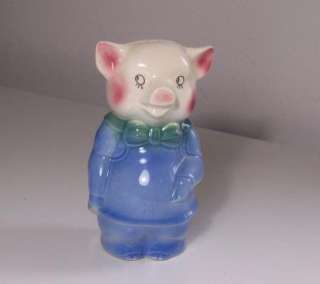 VINTAGE FARMER PIG BANK ROYAL COPLEY BLUE WITH BOW TIE  