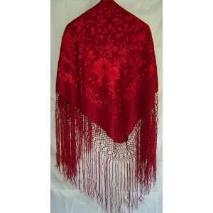 Silk Embroidery Piano Shawl Wine Red with Hot Red Flamenco Floral 63 
