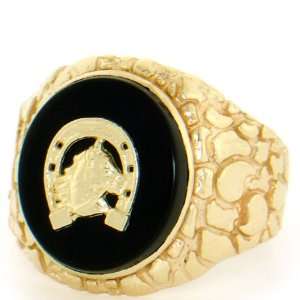    10K Solid Gold Nugget Oval Onyx Horseshoe Mens Ring: Jewelry