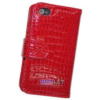 RED Crocodile Leather Wallet Case Cover for iPhone 4G  