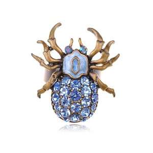   Blue Czech Crystal Rhinestone Bronze Brass Tone Spider Insect Bug Ring