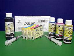 This kit contains a 4 cartridge set and black and color dye based ink.