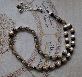 Prayer Beads Worry Beads Black coral, silver, amber inlay  