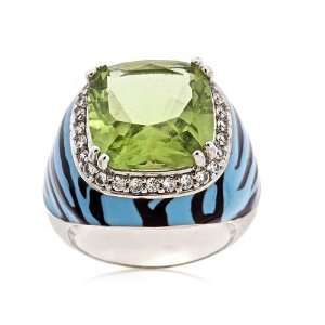   Silver Black and Blue Enamel Simulated Peridot Ring, Size 7: Jewelry