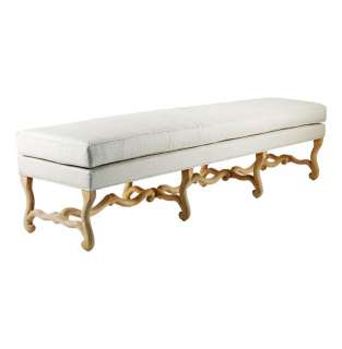 White Linen French Country Carved Wood Cloris Bench  