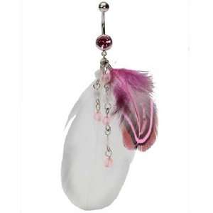 Pink & White Gems & Jewels Dangling Feather Belly Button Ring   Free 