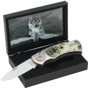   Quality Lockback Knife W/ Wolf Scene By Maxam® Wolf Lockback Knife