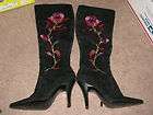 Carlos Santana Rose Embroidered Black Suede Knee High Boots Size 6