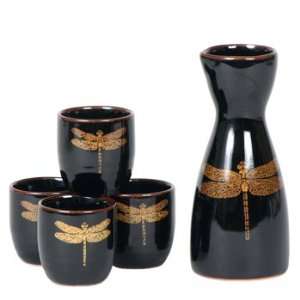    Japanese Black Dragonfly Sake Set   Four Cups