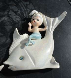 Vintage Mermaid Riding Fish Wall Placque Pair Japan Sparkle Eyes 