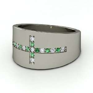 Graphic Cross Ring, Platinum Ring with Diamond & Emerald 